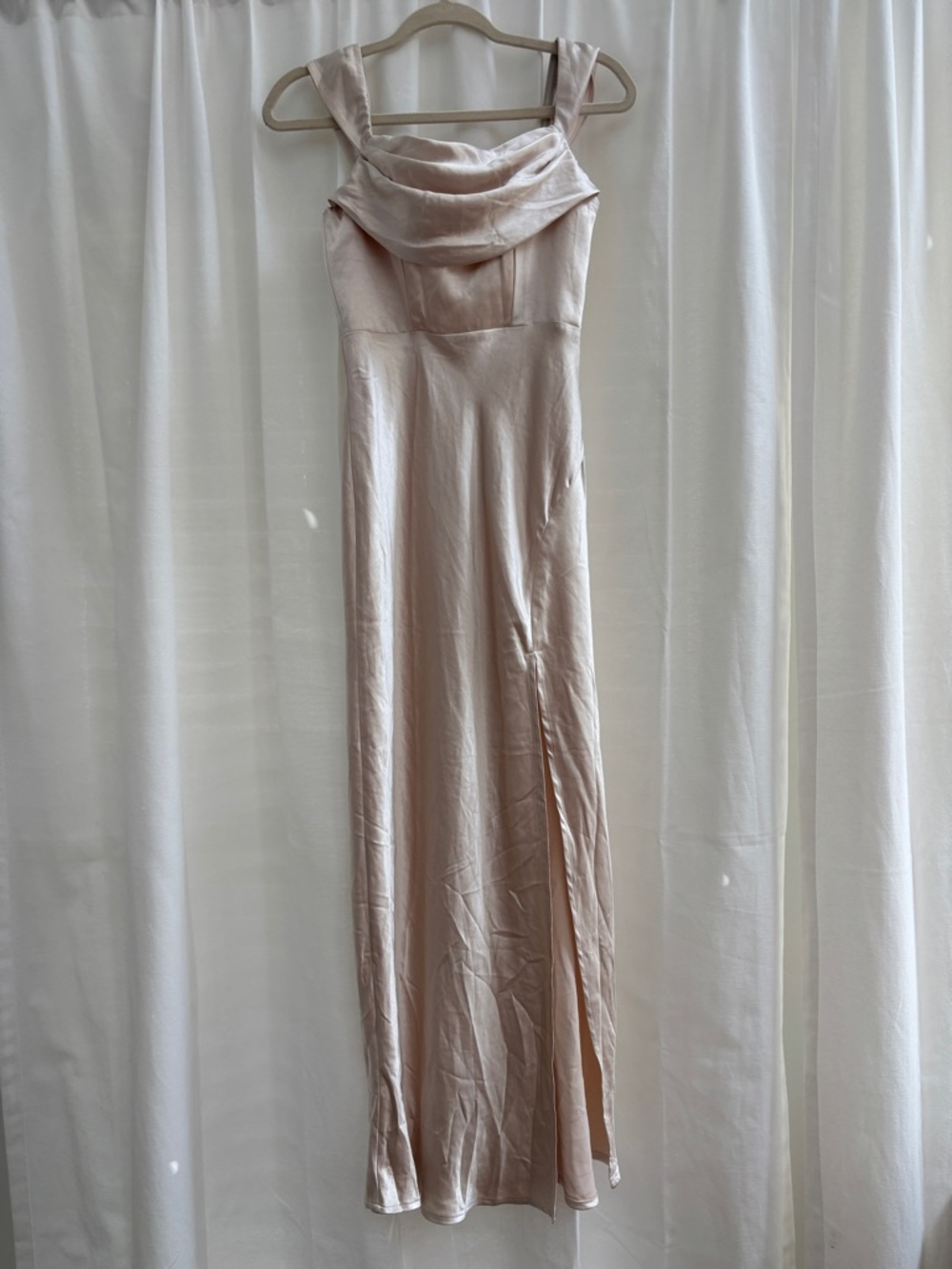 Selfie Leslie Pale Blush Satin Cowl Neck Maxi Dress